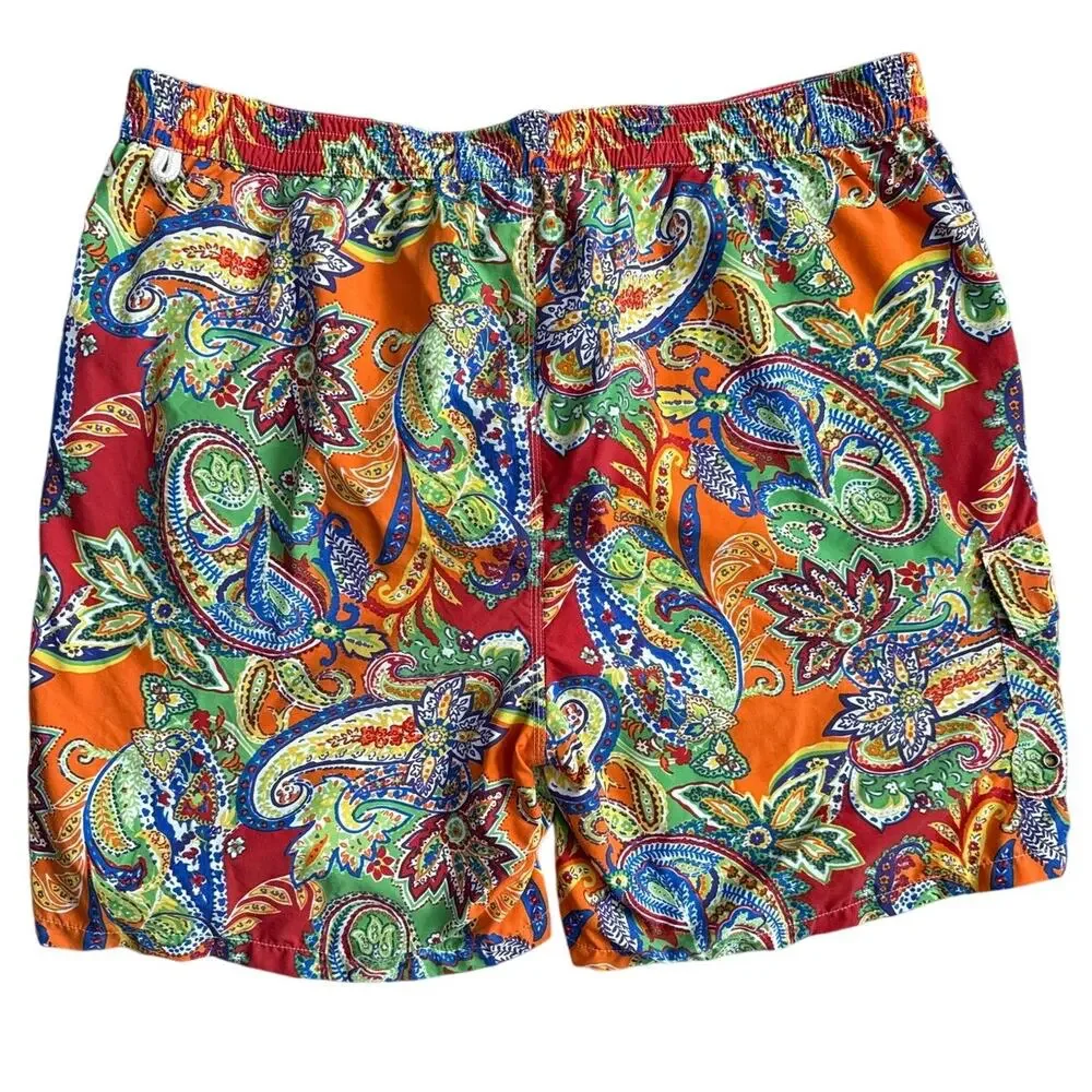 Polo Ralph Lauren Vintage Tag Orange Green Paisley Lace Up Swim Trunks Size XXL - Picture 3 of 7